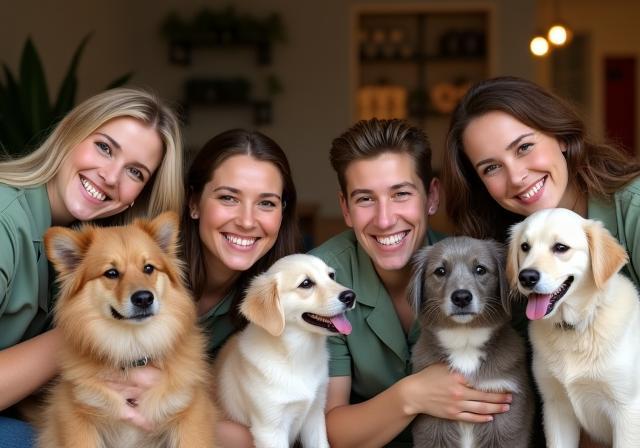 Membri sorridenti del team di Zampa Felice con animali felici